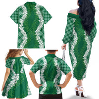 Hawaii Aloha Plumeria Lei Green Palaka Family Matching Off The Shoulder Long Sleeve Dress and Hawaiian Shirt - Polynesian Pride
