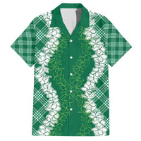 Hawaii Aloha Plumeria Lei Green Palaka Family Matching Off The Shoulder Long Sleeve Dress and Hawaiian Shirt - Polynesian Pride