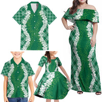 Hawaii Aloha Plumeria Lei Green Palaka Family Matching Off Shoulder Maxi Dress and Hawaiian Shirt - Polynesian Pride