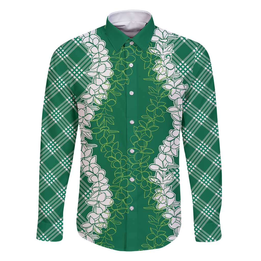 Hawaii Aloha Plumeria Lei Green Palaka Family Matching Off Shoulder Short Dress and Hawaiian Shirt - Polynesian Pride