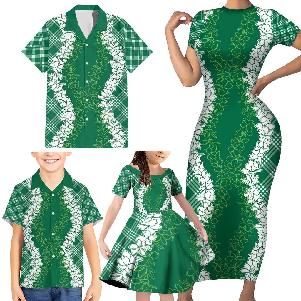 Hawaii Aloha Plumeria Lei Green Palaka Family Matching Short Sleeve Bodycon Dress and Hawaiian Shirt - Polynesian Pride