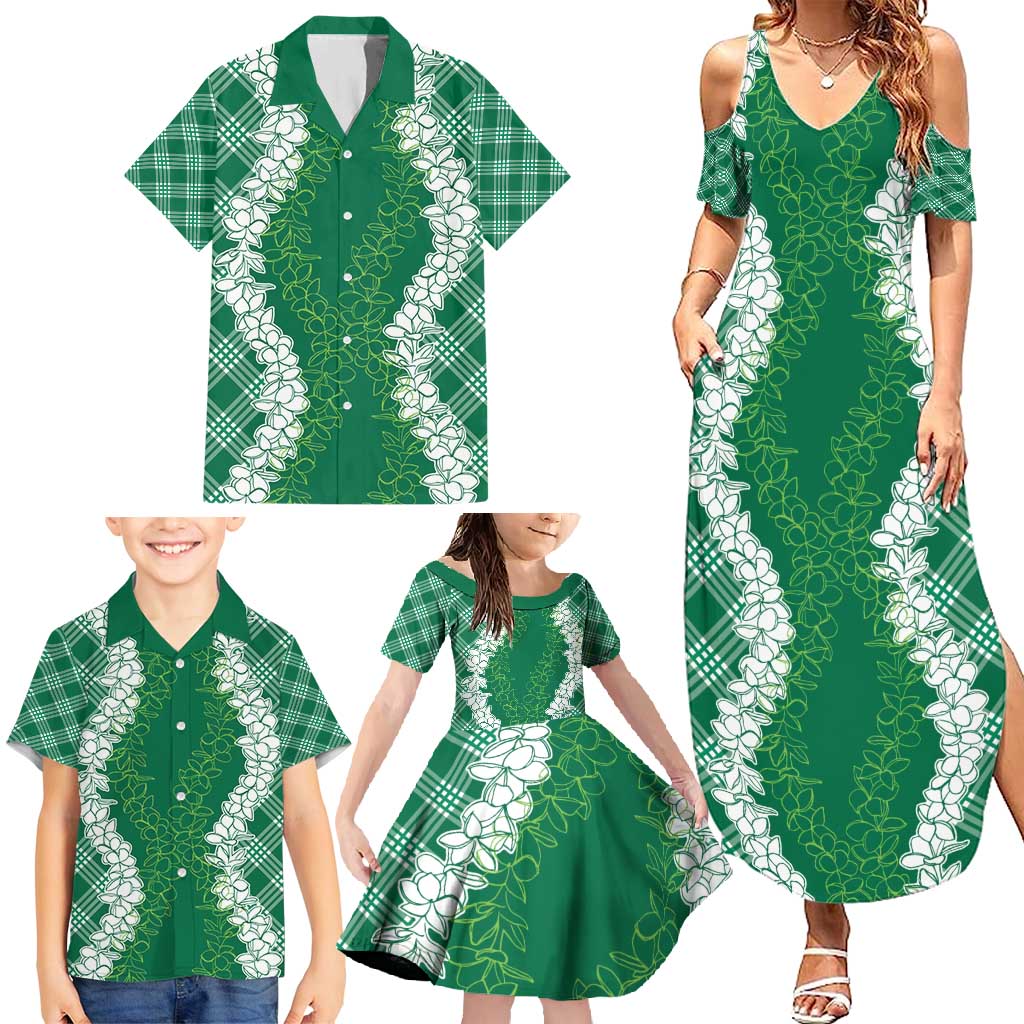 Hawaii Aloha Plumeria Lei Green Palaka Family Matching Summer Maxi Dress and Hawaiian Shirt - Polynesian Pride