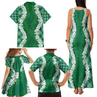 Hawaii Aloha Plumeria Lei Green Palaka Family Matching Tank Maxi Dress and Hawaiian Shirt - Polynesian Pride
