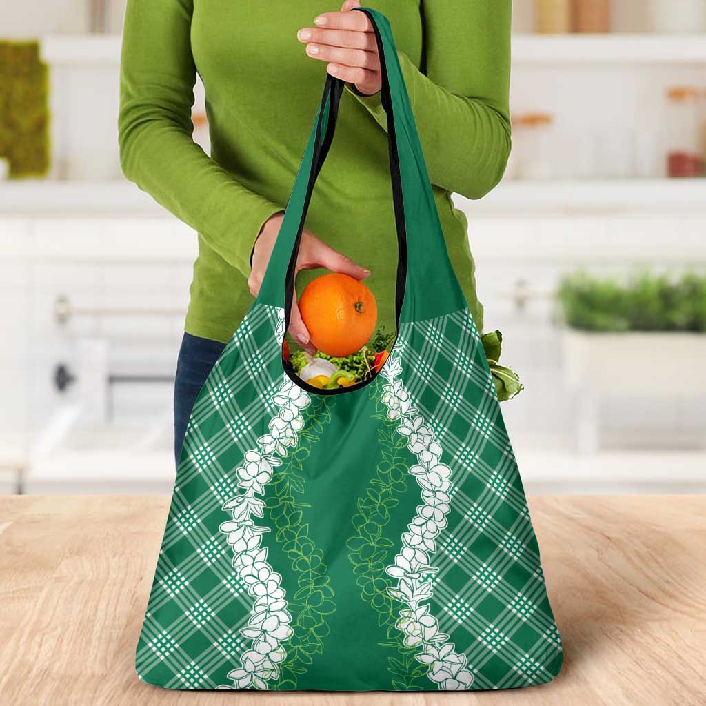 Hawaii Aloha Plumeria Lei Green Palaka Grocery Bag - Polynesian Pride