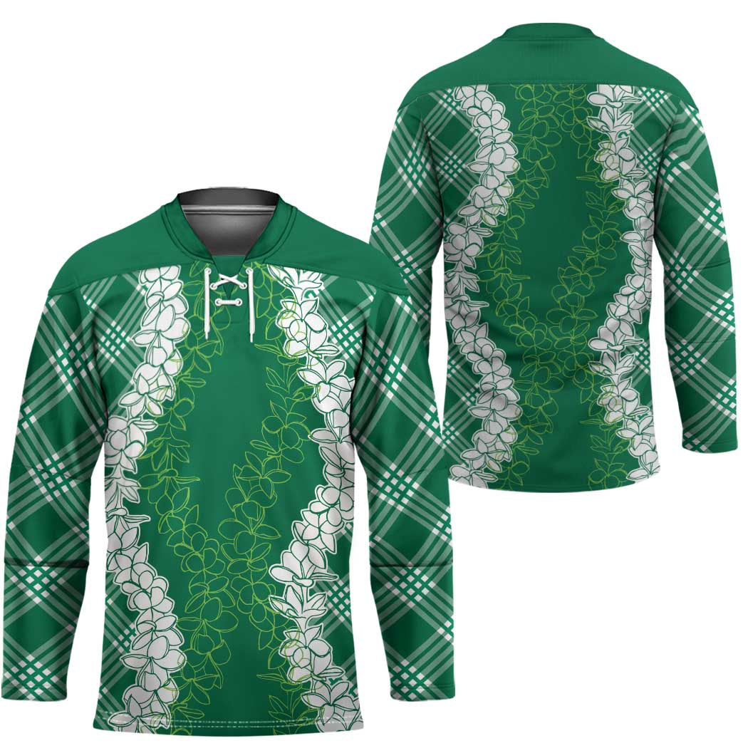 Hawaii Aloha Plumeria Lei Green Palaka Hockey Jersey LT7 - Polynesian Pride