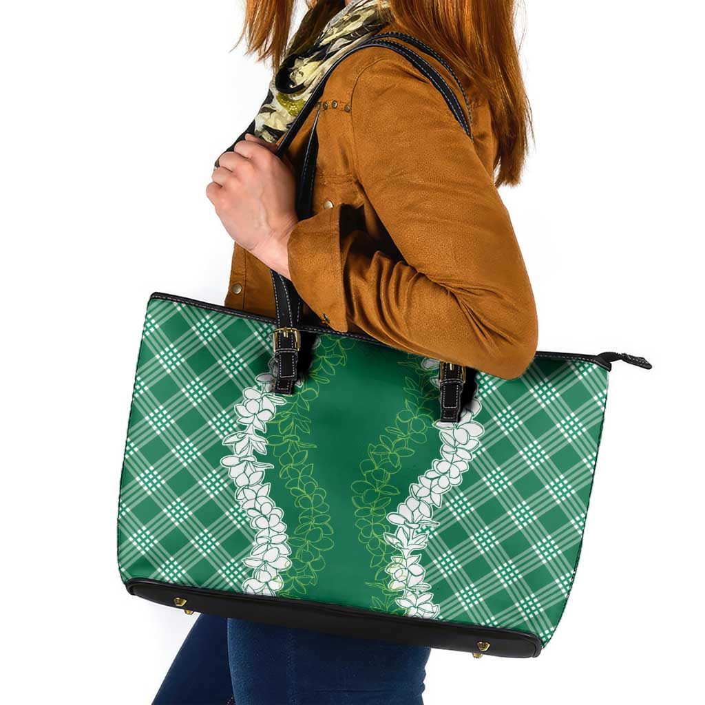 Hawaii Aloha Plumeria Lei Green Palaka Leather Tote Bag - Polynesian Pride