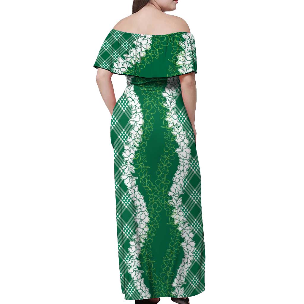 Hawaii Aloha Plumeria Lei Green Palaka Off Shoulder Maxi Dress - Polynesian Pride