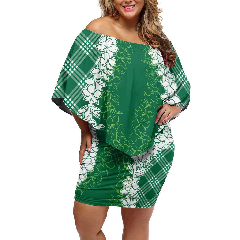 Hawaii Aloha Plumeria Lei Green Palaka Off Shoulder Short Dress - Polynesian Pride