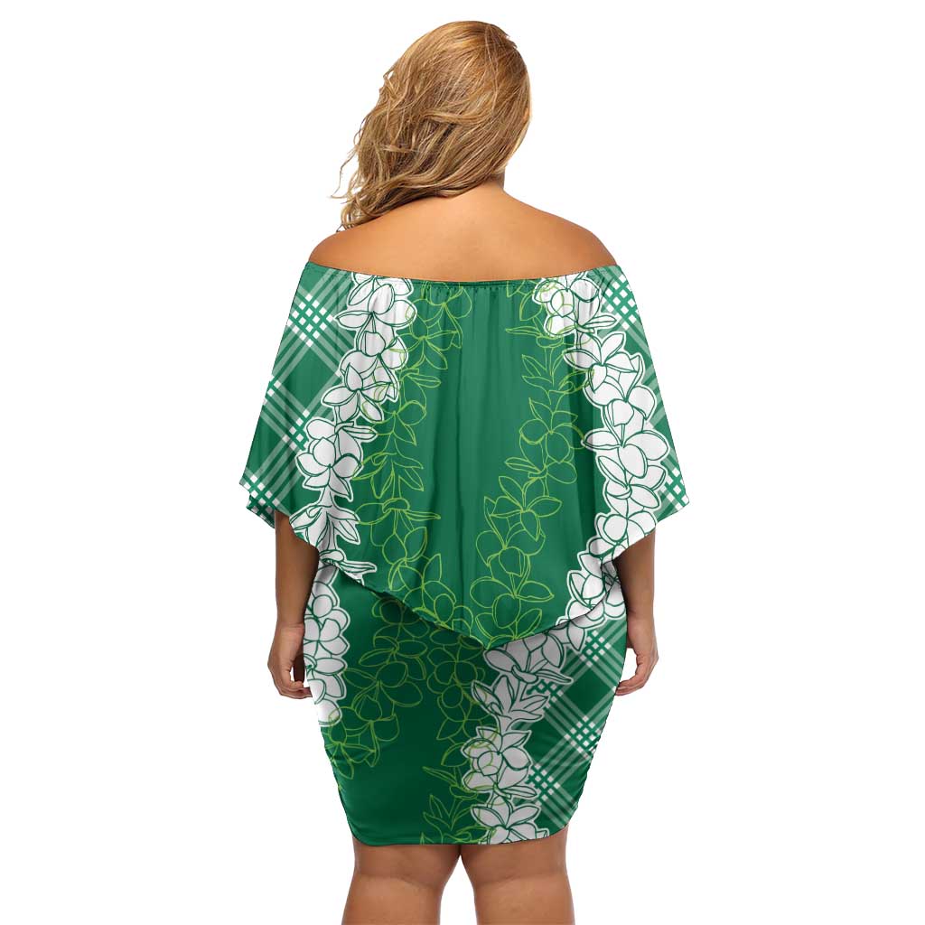 Hawaii Aloha Plumeria Lei Green Palaka Off Shoulder Short Dress - Polynesian Pride