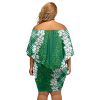 Hawaii Aloha Plumeria Lei Green Palaka Off Shoulder Short Dress - Polynesian Pride