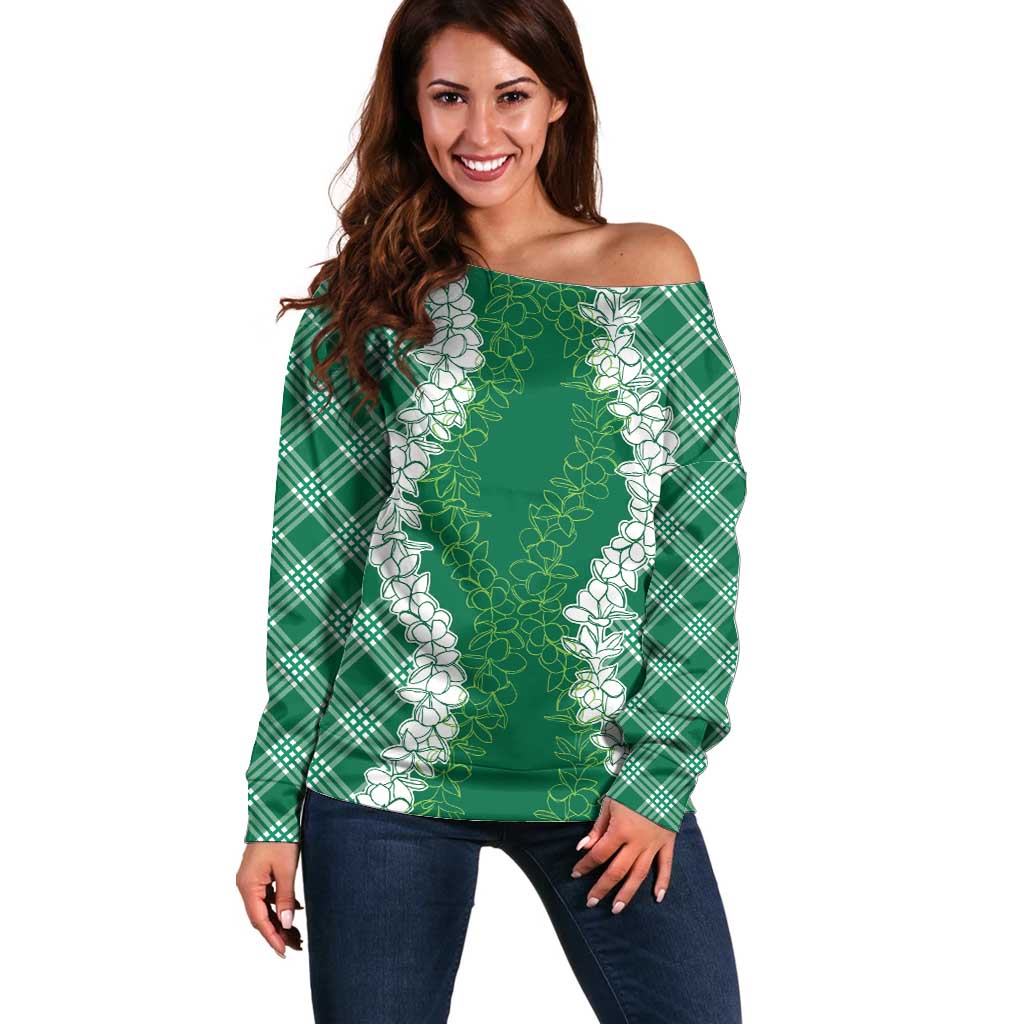 Hawaii Aloha Plumeria Lei Green Palaka Off Shoulder Sweater - Polynesian Pride