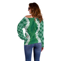 Hawaii Aloha Plumeria Lei Green Palaka Off Shoulder Sweater - Polynesian Pride