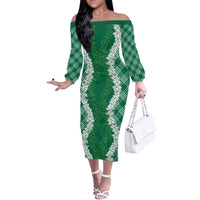 Hawaii Aloha Plumeria Lei Green Palaka Off The Shoulder Long Sleeve Dress - Polynesian Pride