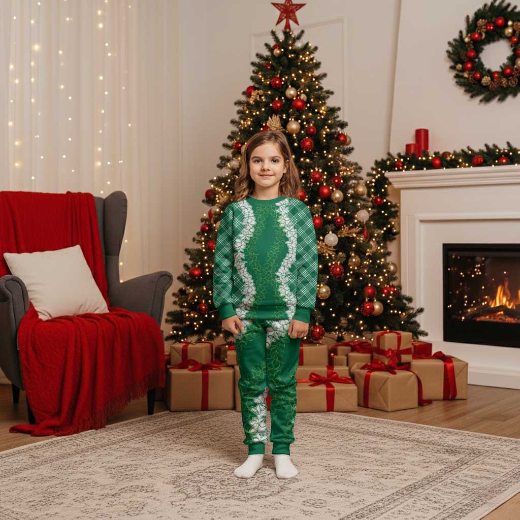 Hawaii Aloha Plumeria Lei Green Palaka Christmas Pajama Set - Polynesian Pride