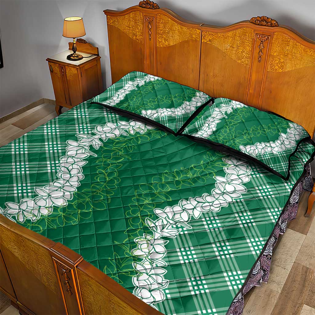 Hawaii Aloha Plumeria Lei Green Palaka Quilt Bed Set - Polynesian Pride