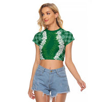Hawaii Aloha Plumeria Lei Green Palaka Raglan Cropped T Shirt - Polynesian Pride
