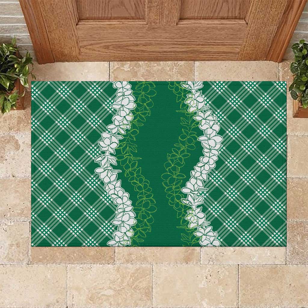 Hawaii Aloha Plumeria Lei Green Palaka Rubber Doormat - Polynesian Pride