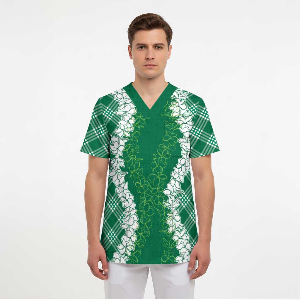 Hawaii Aloha Plumeria Lei Green Palaka Scrub Top - Polynesian Pride