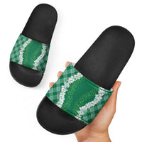 Hawaii Aloha Plumeria Lei Green Palaka Slide Sandals - Polynesian Pride