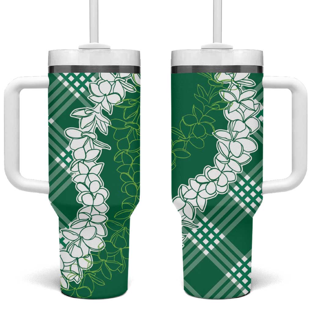 Hawaii Aloha Plumeria Lei Green Palaka Tumbler With Handle - Polynesian Pride