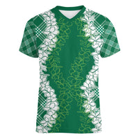 Hawaii Aloha Plumeria Lei Green Palaka Women V-Neck T-Shirt - Polynesian Pride