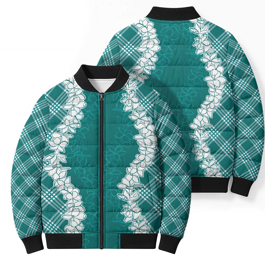 Hawaii Aloha Plumeria Lei Teal Palaka Bomber Puffer Jacket LT7 - Polynesian Pride