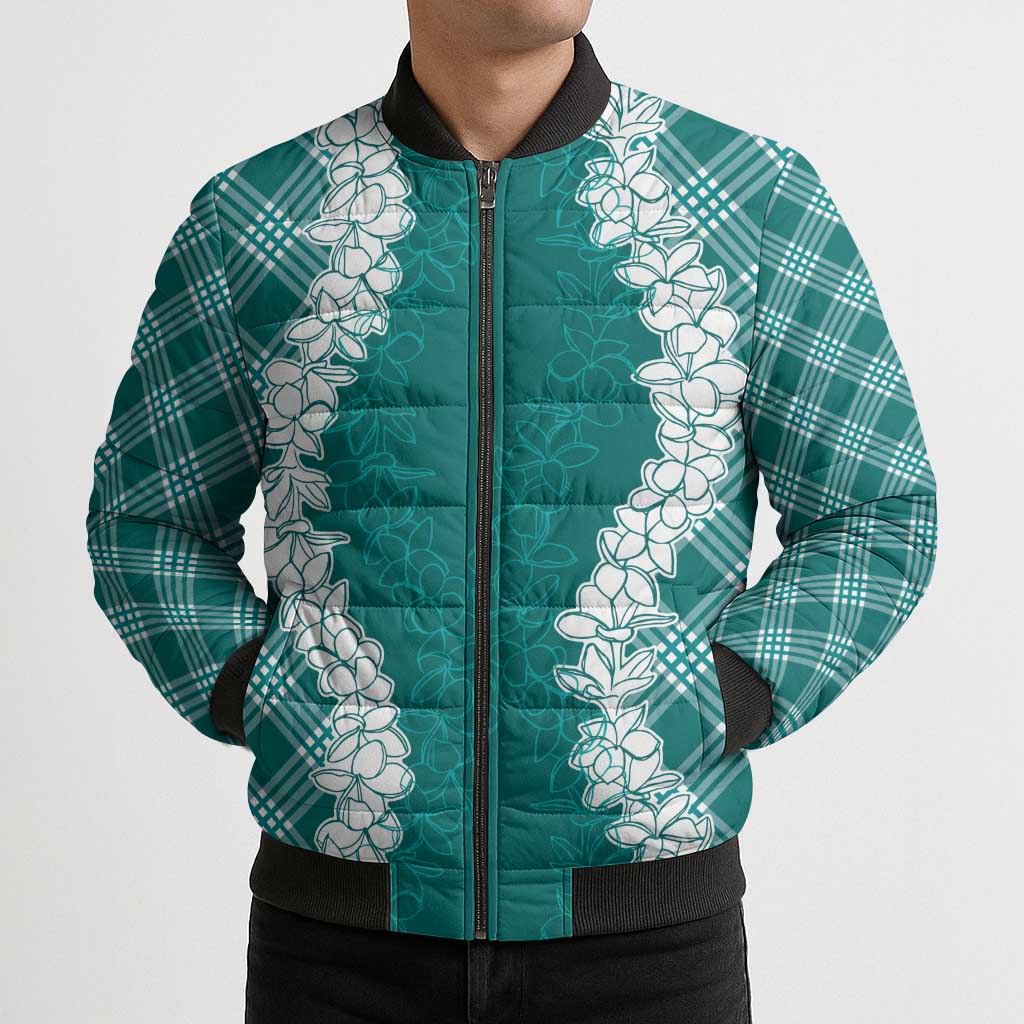 Hawaii Aloha Plumeria Lei Teal Palaka Bomber Puffer Jacket LT7 - Polynesian Pride