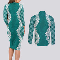 Hawaii Aloha Plumeria Lei Teal Palaka Couples Matching Long Sleeve Bodycon Dress and Long Sleeve Button Shirt - Polynesian Pride