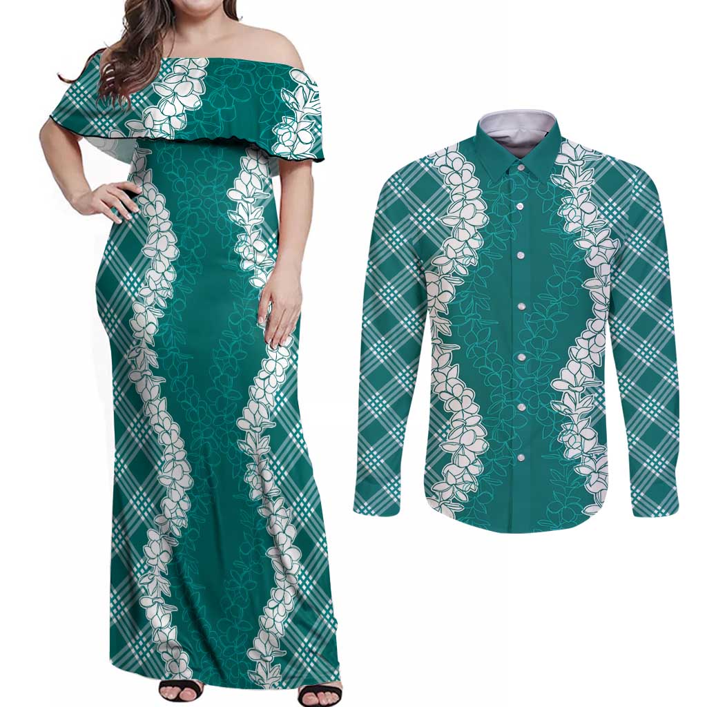 Hawaii Aloha Plumeria Lei Teal Palaka Couples Matching Off Shoulder Maxi Dress and Long Sleeve Button Shirt - Polynesian Pride