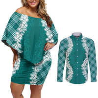 Hawaii Aloha Plumeria Lei Teal Palaka Couples Matching Off Shoulder Short Dress and Long Sleeve Button Shirt - Polynesian Pride