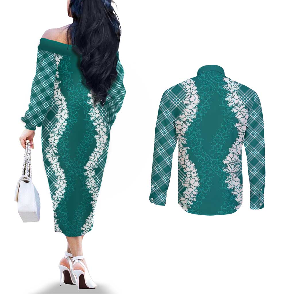 Hawaii Aloha Plumeria Lei Teal Palaka Couples Matching Off The Shoulder Long Sleeve Dress and Long Sleeve Button Shirt - Polynesian Pride