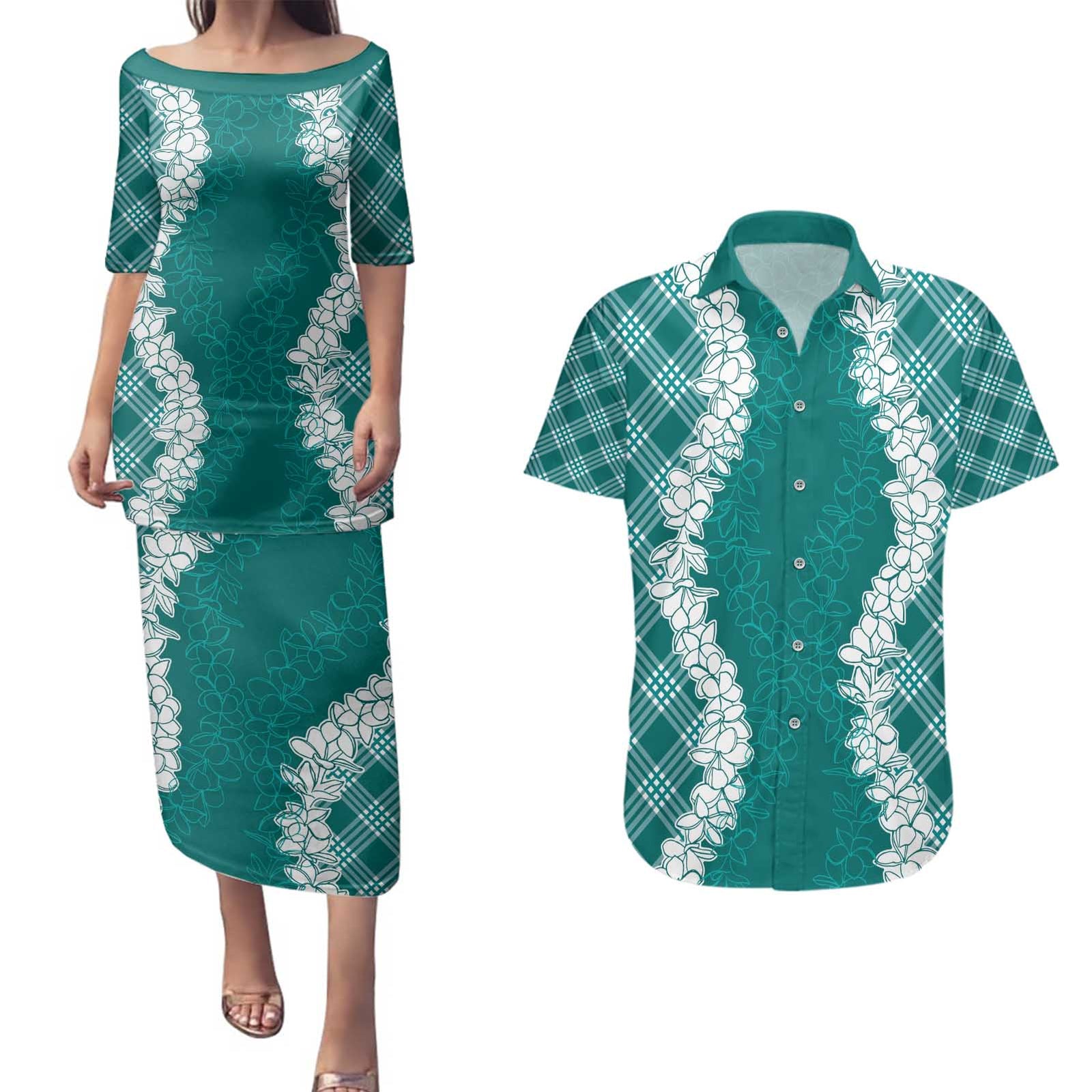 Hawaii Aloha Plumeria Lei Teal Palaka Couples Matching Puletasi and Hawaiian Shirt - Polynesian Pride