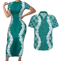 Hawaii Aloha Plumeria Lei Teal Palaka Couples Matching Short Sleeve Bodycon Dress and Hawaiian Shirt - Polynesian Pride