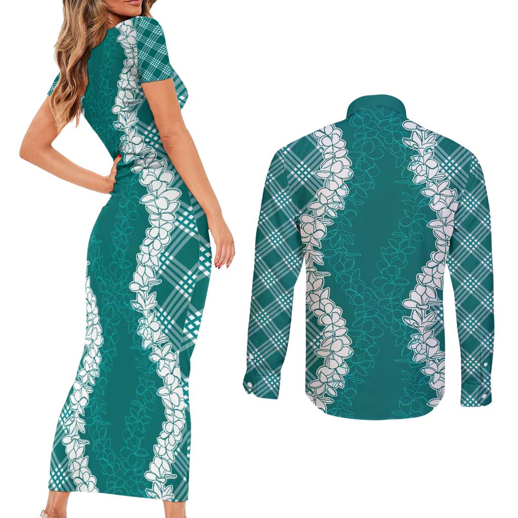 Hawaii Aloha Plumeria Lei Teal Palaka Couples Matching Short Sleeve Bodycon Dress and Long Sleeve Button Shirt - Polynesian Pride