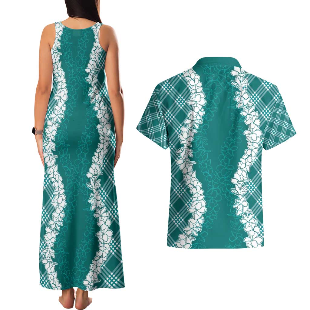 Hawaii Aloha Plumeria Lei Teal Palaka Couples Matching Tank Maxi Dress and Hawaiian Shirt - Polynesian Pride