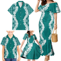 Hawaii Aloha Plumeria Lei Teal Palaka Family Matching Mermaid Dress and Hawaiian Shirt - Polynesian Pride