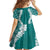 Hawaii Aloha Plumeria Lei Teal Palaka Family Matching Off The Shoulder Long Sleeve Dress and Hawaiian Shirt - Polynesian Pride