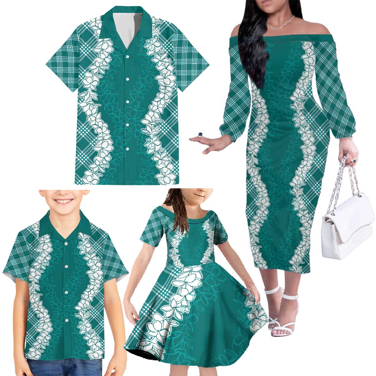 Hawaii Aloha Plumeria Lei Teal Palaka Family Matching Off The Shoulder Long Sleeve Dress and Hawaiian Shirt - Polynesian Pride