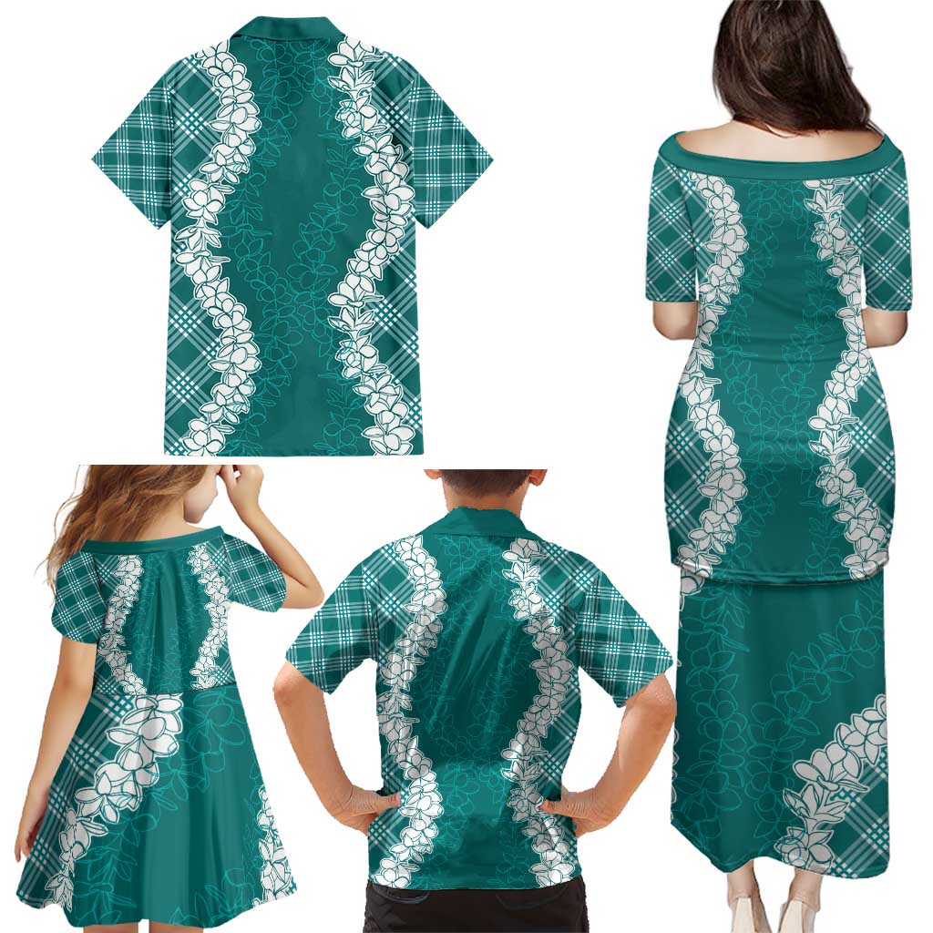 Hawaii Aloha Plumeria Lei Teal Palaka Family Matching Puletasi and Hawaiian Shirt - Polynesian Pride