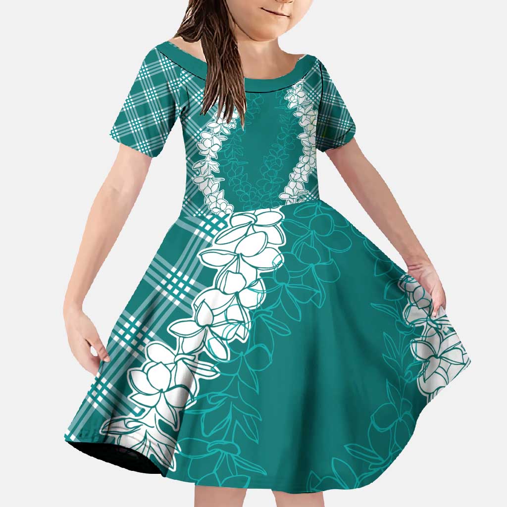 Hawaii Aloha Plumeria Lei Teal Palaka Family Matching Short Sleeve Bodycon Dress and Hawaiian Shirt - Polynesian Pride