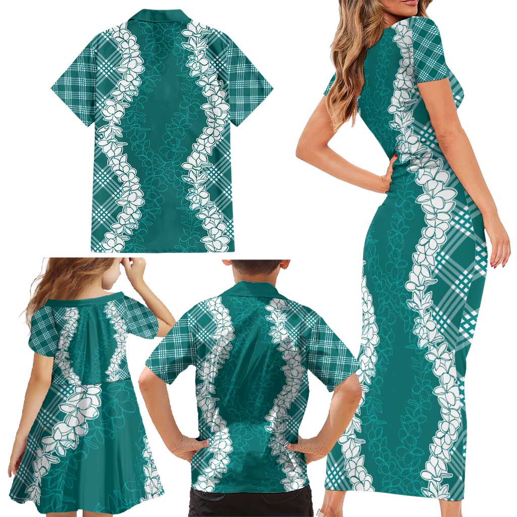 Hawaii Aloha Plumeria Lei Teal Palaka Family Matching Short Sleeve Bodycon Dress and Hawaiian Shirt - Polynesian Pride