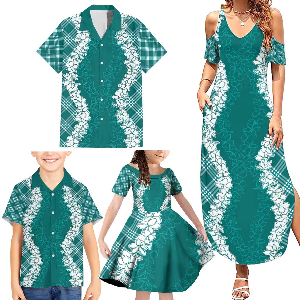 Hawaii Aloha Plumeria Lei Teal Palaka Family Matching Summer Maxi Dress and Hawaiian Shirt - Polynesian Pride