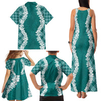 Hawaii Aloha Plumeria Lei Teal Palaka Family Matching Tank Maxi Dress and Hawaiian Shirt - Polynesian Pride