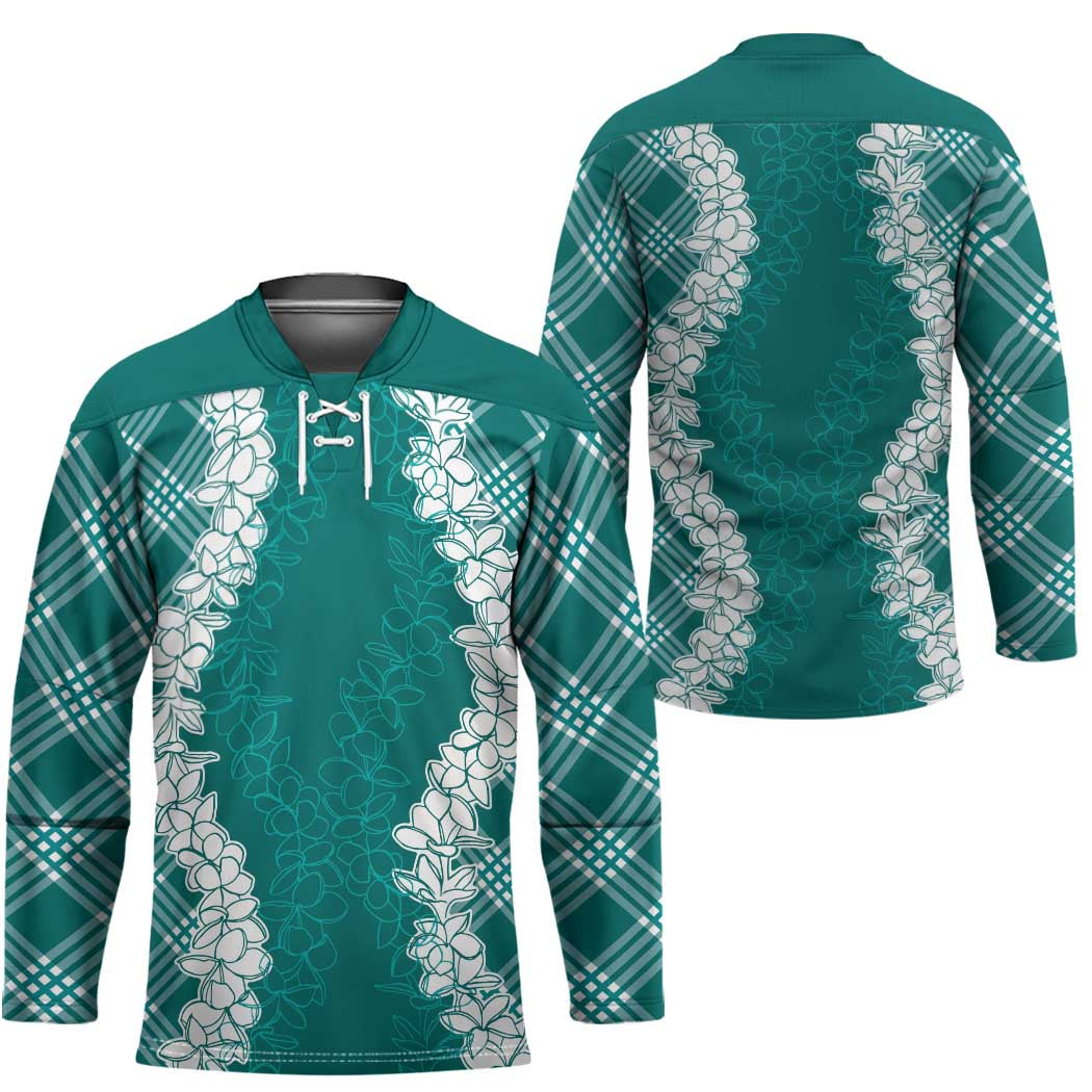 Hawaii Aloha Plumeria Lei Teal Palaka Hockey Jersey LT7 - Polynesian Pride