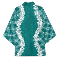 Hawaii Aloha Plumeria Lei Teal Palaka Kimono - Polynesian Pride