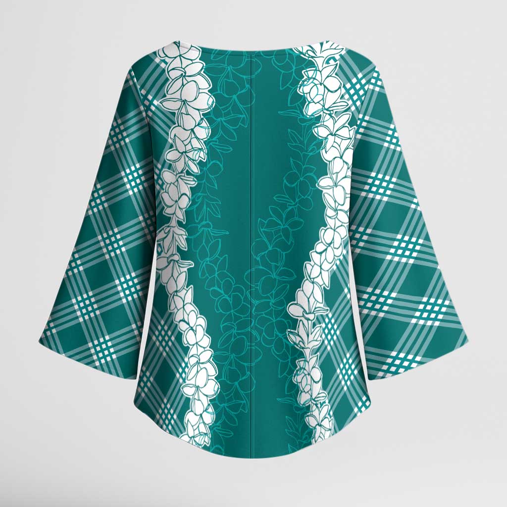 Hawaii Aloha Plumeria Lei Teal Palaka Kimono Sleeve Blouse - Polynesian Pride