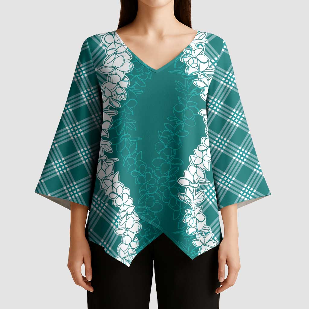 Hawaii Aloha Plumeria Lei Teal Palaka Kimono Sleeve Blouse - Polynesian Pride