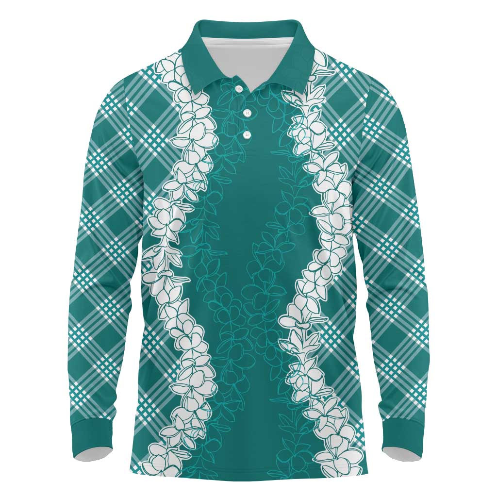 Hawaii Aloha Plumeria Lei Teal Palaka Long Sleeve Polo Shirt - Polynesian Pride