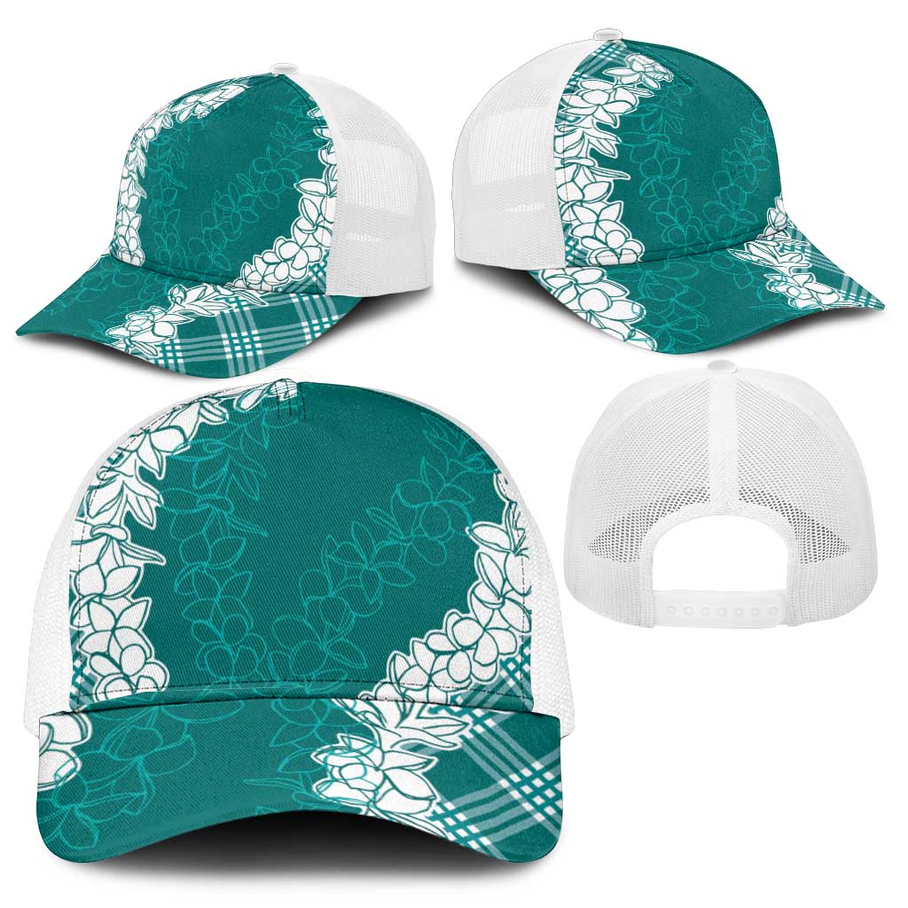 Hawaii Aloha Plumeria Lei Teal Palaka Mesh Trucker Cap - Polynesian Pride