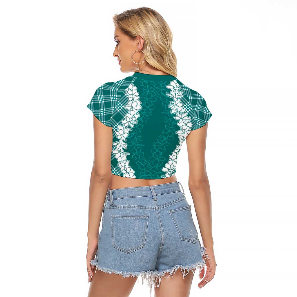 Hawaii Aloha Plumeria Lei Teal Palaka Raglan Cropped T Shirt - Polynesian Pride